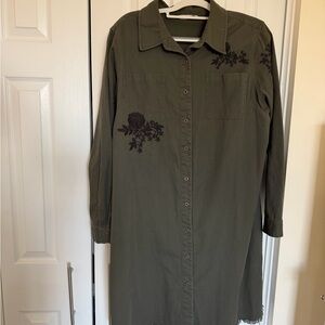 Olive Green Embroidered Women's Jacket/Button Down Dress